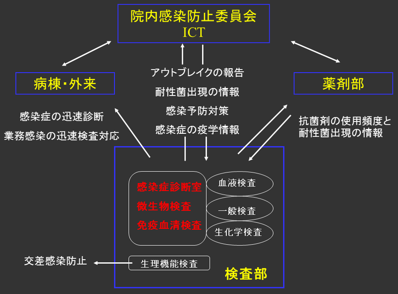 当検査部と感染防止対策各部門との主な業務内容