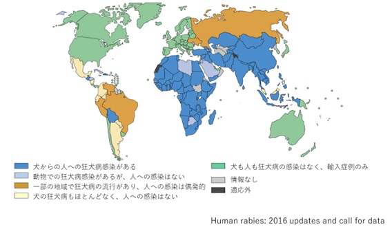 犬の狂犬病と犬から人への狂犬病の流行状況（2016年）