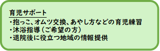 育児サポート。抱っこ、おむつ交換、あやし方。沐浴指導（ご希望の方）。退院後に役立つ地域の情報提供。
